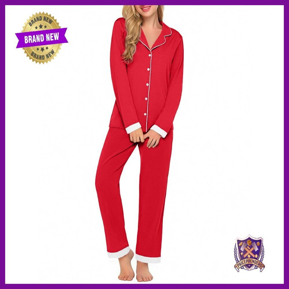 Soft Long Sleeve Pajama Set with Pockets, Button Down Lounge Wear